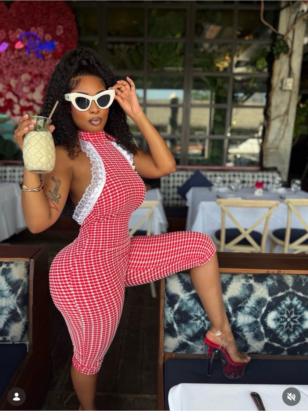 Jlorraine red Gingham Halter Jumpsuit with Lace Trim - Women